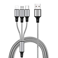 Charger Lightning USB Data Cable Charging Cord and Android Micro USB Type-C ML08 for Samsung Galaxy M21 Silver