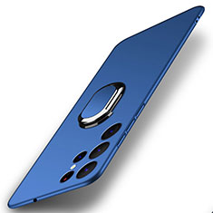 Hard Rigid Plastic Matte Finish Case Cover with Magnetic Finger Ring Stand A01 for Samsung Galaxy S22 Ultra 5G Blue