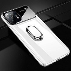 Hard Rigid Plastic Matte Finish Case Cover with Magnetic Finger Ring Stand P01 for Xiaomi Mi 11 5G White
