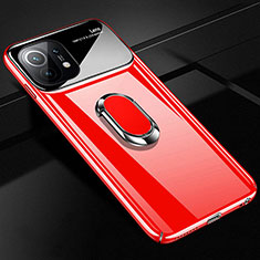 Hard Rigid Plastic Matte Finish Case Cover with Magnetic Finger Ring Stand P01 for Xiaomi Mi 11 Lite 5G NE Red