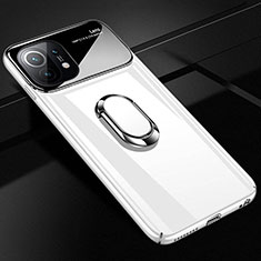 Hard Rigid Plastic Matte Finish Case Cover with Magnetic Finger Ring Stand P01 for Xiaomi Mi 11 Lite 5G NE White