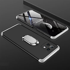 Hard Rigid Plastic Matte Finish Case Cover with Magnetic Finger Ring Stand P02 for Xiaomi Mi 11 Lite 4G Silver and Black
