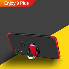 Hard Rigid Plastic Matte Finish Front and Back Case 360 Degrees with Magnetic Finger Ring Stand for Huawei Enjoy 9 Plus Red and Black