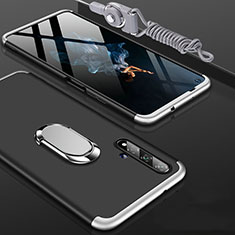 Hard Rigid Plastic Matte Finish Front and Back Cover Case 360 Degrees with Finger Ring Stand for Huawei Honor 20 Silver and Black