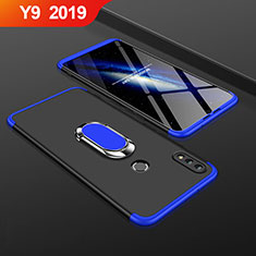 Hard Rigid Plastic Matte Finish Front and Back Cover Case 360 Degrees with Finger Ring Stand for Huawei Y9 (2019) Blue and Black
