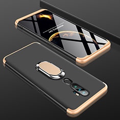 Hard Rigid Plastic Matte Finish Front and Back Cover Case 360 Degrees with Finger Ring Stand for Oppo A11X Gold and Black