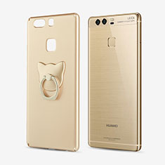 Hard Rigid Plastic Matte Finish Snap On Case with Finger Ring Stand for Huawei P9 Plus Gold
