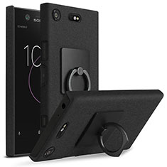 Hard Rigid Plastic Quicksand Cover with Finger Ring Stand for Sony Xperia XZ1 Compact Black