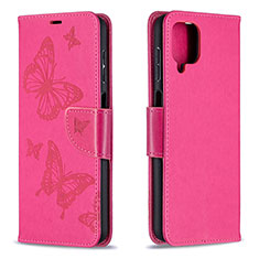 Leather Case Stands Butterfly Flip Cover Holder B01F for Samsung Galaxy A12 Hot Pink