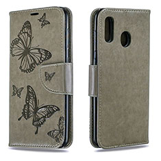 Leather Case Stands Butterfly Flip Cover Holder B01F for Samsung Galaxy A20 Gray
