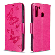 Leather Case Stands Butterfly Flip Cover Holder B01F for Samsung Galaxy A21 Hot Pink