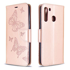 Leather Case Stands Butterfly Flip Cover Holder B01F for Samsung Galaxy A21 Rose Gold