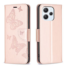 Leather Case Stands Butterfly Flip Cover Holder B01F for Xiaomi Redmi 12 4G Rose Gold