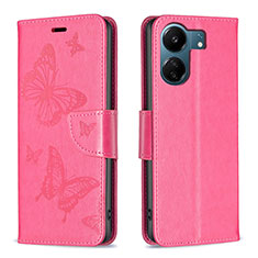 Leather Case Stands Butterfly Flip Cover Holder B01F for Xiaomi Redmi 13C Hot Pink