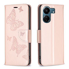 Leather Case Stands Butterfly Flip Cover Holder B01F for Xiaomi Redmi 13C Rose Gold