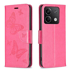 Leather Case Stands Butterfly Flip Cover Holder B01F for Xiaomi Redmi Note 13 5G Hot Pink