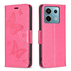 Leather Case Stands Butterfly Flip Cover Holder B01F for Xiaomi Redmi Note 13 Pro 5G Hot Pink