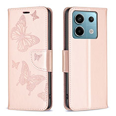 Leather Case Stands Butterfly Flip Cover Holder B01F for Xiaomi Redmi Note 13 Pro 5G Rose Gold