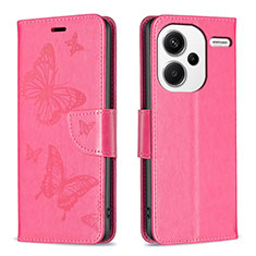 Leather Case Stands Butterfly Flip Cover Holder B01F for Xiaomi Redmi Note 13 Pro+ Plus 5G Hot Pink