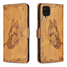 Leather Case Stands Butterfly Flip Cover Holder B02F for Samsung Galaxy A12 Brown