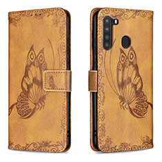 Leather Case Stands Butterfly Flip Cover Holder B02F for Samsung Galaxy A21 Brown