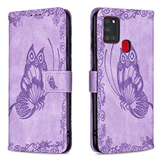 Leather Case Stands Butterfly Flip Cover Holder B02F for Samsung Galaxy A21s Clove Purple