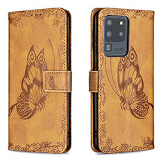 Leather Case Stands Butterfly Flip Cover Holder B02F for Samsung Galaxy S20 Ultra 5G Brown