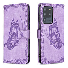 Leather Case Stands Butterfly Flip Cover Holder B02F for Samsung Galaxy S20 Ultra 5G Clove Purple