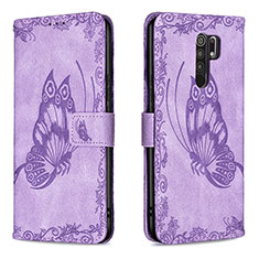 Leather Case Stands Butterfly Flip Cover Holder B02F for Xiaomi Redmi 9 Clove Purple