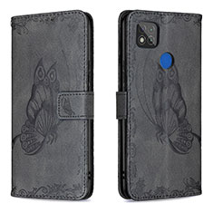 Leather Case Stands Butterfly Flip Cover Holder B02F for Xiaomi Redmi 9 India Black