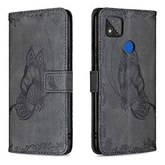 Leather Case Stands Butterfly Flip Cover Holder B02F for Xiaomi Redmi 9C Black