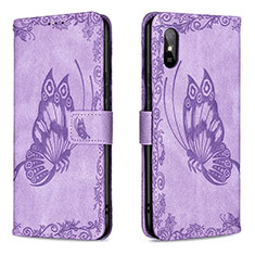 Leather Case Stands Butterfly Flip Cover Holder B02F for Xiaomi Redmi 9i Clove Purple