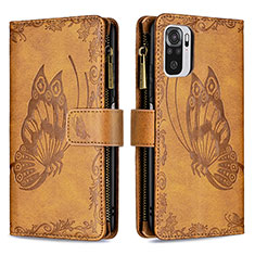 Leather Case Stands Butterfly Flip Cover Holder B02F for Xiaomi Redmi Note 10 4G Brown