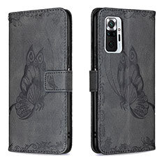 Leather Case Stands Butterfly Flip Cover Holder B02F for Xiaomi Redmi Note 10 Pro 4G Black