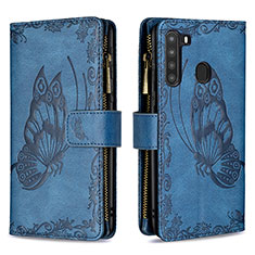 Leather Case Stands Butterfly Flip Cover Holder B03F for Samsung Galaxy A21 Blue