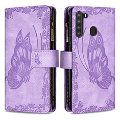Leather Case Stands Butterfly Flip Cover Holder B03F for Samsung Galaxy A21 Clove Purple