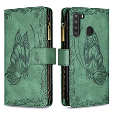 Leather Case Stands Butterfly Flip Cover Holder B03F for Samsung Galaxy A21 Green