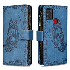 Leather Case Stands Butterfly Flip Cover Holder B03F for Samsung Galaxy A21s Blue