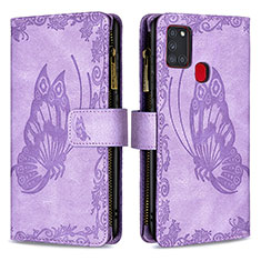Leather Case Stands Butterfly Flip Cover Holder B03F for Samsung Galaxy A21s Clove Purple