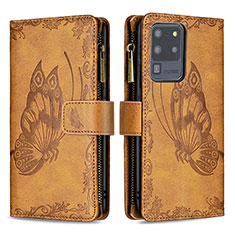 Leather Case Stands Butterfly Flip Cover Holder B03F for Samsung Galaxy S20 Ultra 5G Brown