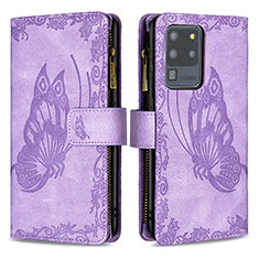 Leather Case Stands Butterfly Flip Cover Holder B03F for Samsung Galaxy S20 Ultra Clove Purple