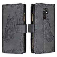 Leather Case Stands Butterfly Flip Cover Holder B03F for Xiaomi Redmi 9 Black