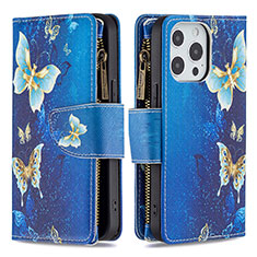 Leather Case Stands Butterfly Flip Cover Holder for Apple iPhone 13 Pro Blue