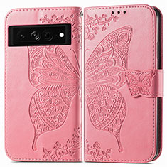 Leather Case Stands Butterfly Flip Cover Holder for Google Pixel 7 Pro 5G Hot Pink