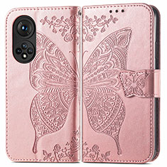 Leather Case Stands Butterfly Flip Cover Holder for Huawei Honor 50 Pro 5G Rose Gold