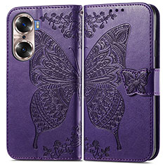 Leather Case Stands Butterfly Flip Cover Holder for Huawei Honor 60 Pro 5G Purple