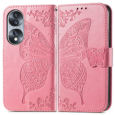 Leather Case Stands Butterfly Flip Cover Holder for Huawei Honor 70 5G Hot Pink