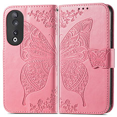Leather Case Stands Butterfly Flip Cover Holder for Huawei Honor 90 5G Hot Pink