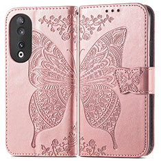 Leather Case Stands Butterfly Flip Cover Holder for Huawei Honor 90 5G Rose Gold