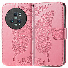 Leather Case Stands Butterfly Flip Cover Holder for Huawei Honor Magic5 Pro 5G Hot Pink